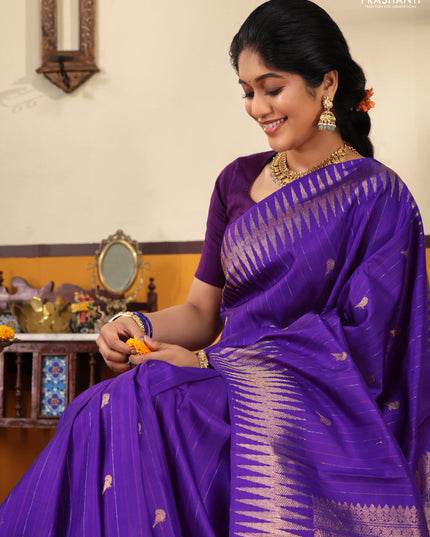 Violet Pure kanchipuram silk saree with thread & zari stripes and zig zag zari border