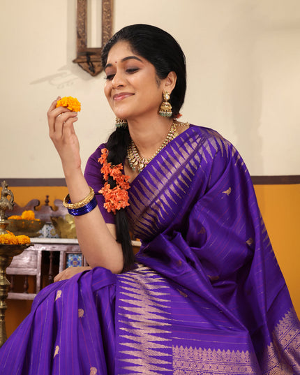 Violet Pure kanchipuram silk saree with thread & zari stripes and zig zag zari border