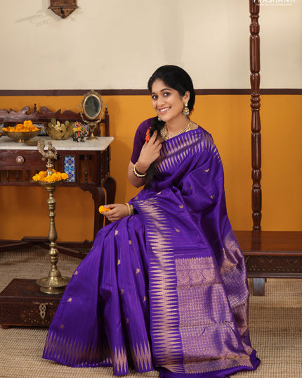 Violet Pure kanchipuram silk saree with thread & zari stripes and zig zag zari border