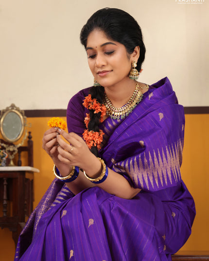 Violet Pure kanchipuram silk saree with thread & zari stripes and zig zag zari border