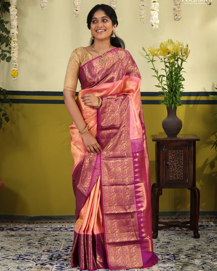 Peach Pink-Purple Pure kanchipuram silk saree with zari woven brocade weaves & long zari woven border
