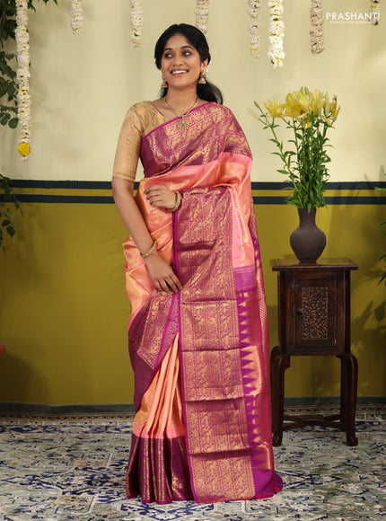 Peach Pink-Purple Pure kanchipuram silk saree with zari woven brocade weaves & long zari woven border