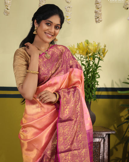 Peach Pink-Purple Pure kanchipuram silk saree with zari woven brocade weaves & long zari woven border