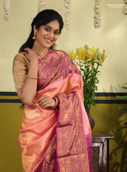 Peach Pink-Purple Pure kanchipuram silk saree with zari woven brocade weaves & long zari woven border