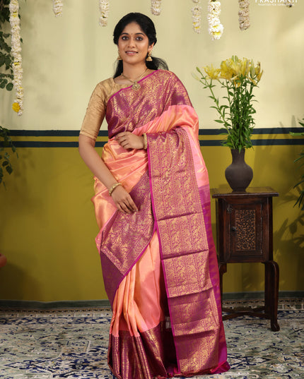 Peach Pink-Purple Pure kanchipuram silk saree with zari woven brocade weaves & long zari woven border