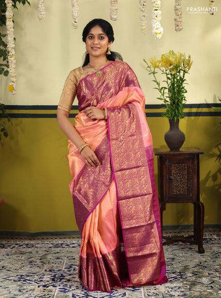 Peach Pink-Purple Pure kanchipuram silk saree with zari woven brocade weaves & long zari woven border