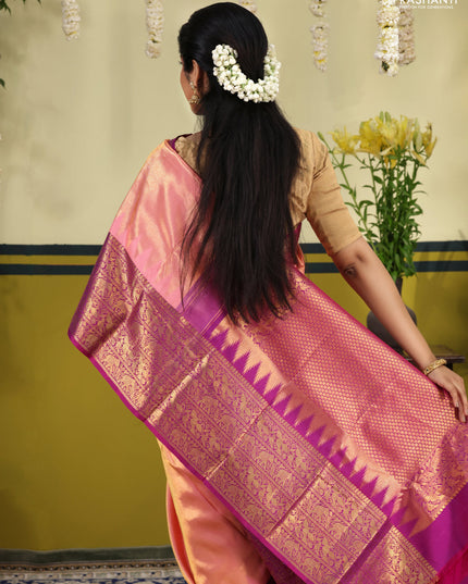 Peach Pink-Purple Pure kanchipuram silk saree with zari woven brocade weaves & long zari woven border