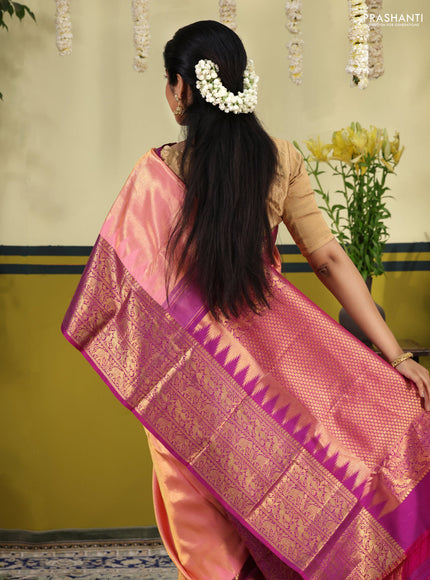 Peach Pink-Purple Pure kanchipuram silk saree with zari woven brocade weaves & long zari woven border