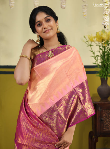 Peach Pink-Purple Pure kanchipuram silk saree with zari woven brocade weaves & long zari woven border