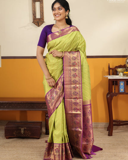 Lime green-Purple Pure kanchipuram silk saree with allover zari weaves with rich paithani style border