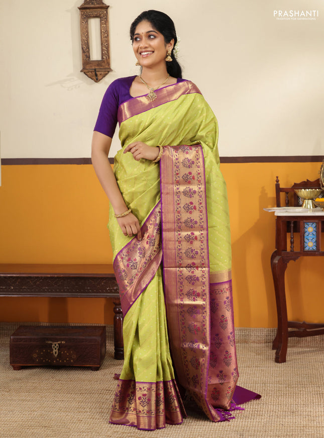 Lime green-Purple Pure kanchipuram silk saree with allover zari weaves with rich paithani style border