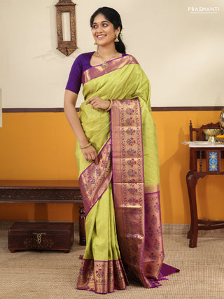 Lime green-Purple Pure kanchipuram silk saree with allover zari weaves with rich paithani style border