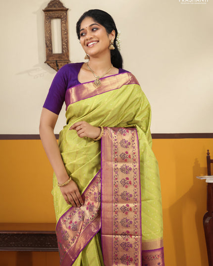 Lime green-Purple Pure kanchipuram silk saree with allover zari weaves with rich paithani style border