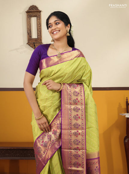 Lime green-Purple Pure kanchipuram silk saree with allover zari weaves with rich paithani style border