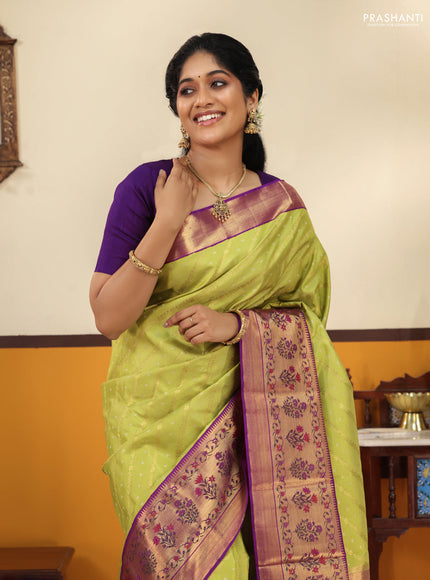 Lime green-Purple Pure kanchipuram silk saree with allover zari weaves with rich paithani style border