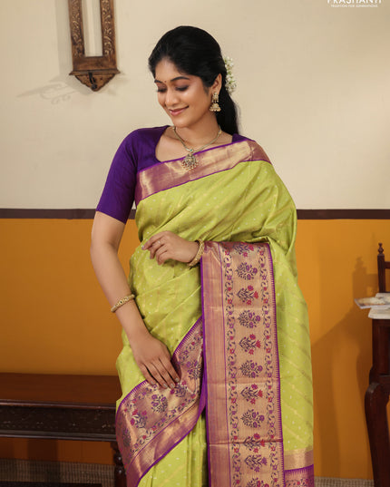 Lime green-Purple Pure kanchipuram silk saree with allover zari weaves with rich paithani style border