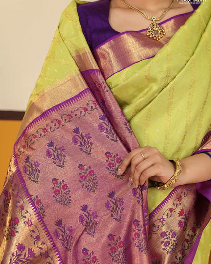 Lime green-Purple Pure kanchipuram silk saree with allover zari weaves with rich paithani style border