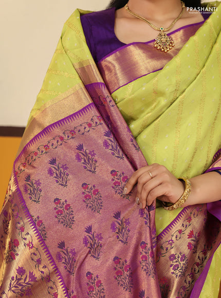 Lime green-Purple Pure kanchipuram silk saree with allover zari weaves with rich paithani style border