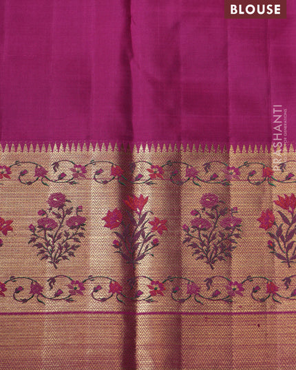 Lime green-Purple Pure kanchipuram silk saree with allover zari weaves with rich paithani style border