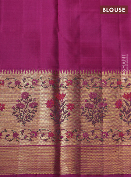 Lime green-Purple Pure kanchipuram silk saree with allover zari weaves with rich paithani style border