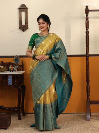 Gold-Peacock Green Pure Tissue Kanchipuram Silk Saree With Silver zari buttas & Long rich zari border