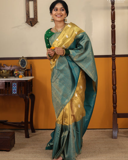 Gold-Peacock Green Pure Tissue Kanchipuram Silk Saree With Silver zari buttas & Long rich zari border