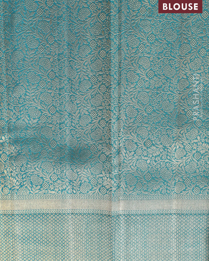 Gold-Peacock Green Pure Tissue Kanchipuram Silk Saree With Silver zari buttas & Long rich zari border