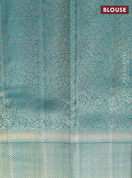 Gold-Peacock blue Pure Tissue Kanchipuram Silk Saree With Silver zari buttas & Long rich zari border