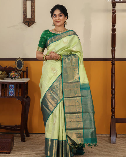 Pista green-Peacock blue Pure kanchipuram silk saree with zari woven buttas & Long rich zari woven border