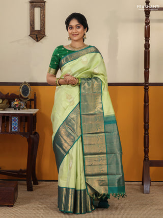 Pista green-Peacock blue Pure kanchipuram silk saree with zari woven buttas & Long rich zari woven border