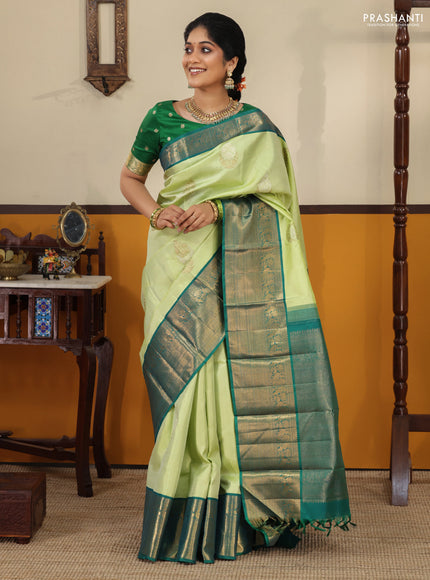 Pista green-Peacock blue Pure kanchipuram silk saree with zari woven buttas & Long rich zari woven border