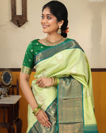Pista green-Peacock blue Pure kanchipuram silk saree with zari woven buttas & Long rich zari woven border
