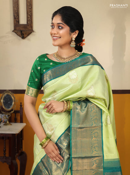 Pista green-Peacock blue Pure kanchipuram silk saree with zari woven buttas & Long rich zari woven border