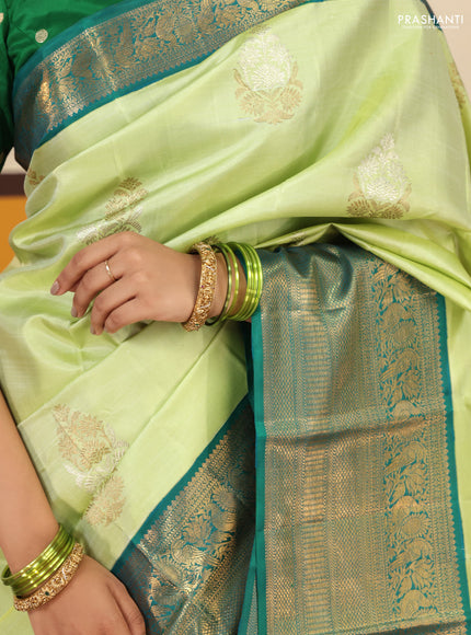 Pista green-Peacock blue Pure kanchipuram silk saree with zari woven buttas & Long rich zari woven border