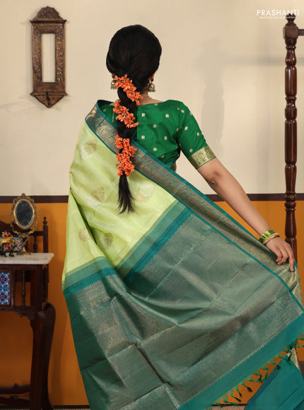 Pista green-Peacock blue Pure kanchipuram silk saree with zari woven buttas & Long rich zari woven border
