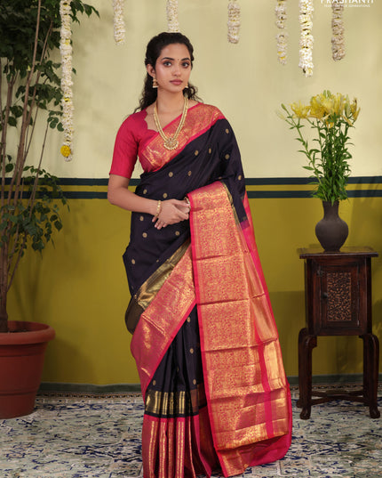 Navy blue-Pink Pure kanchipuram silk saree with zari woven buttas & long zari woven border