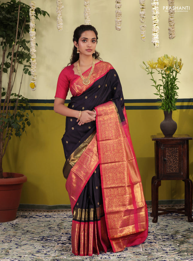 Navy blue-Pink Pure kanchipuram silk saree with zari woven buttas & long zari woven border