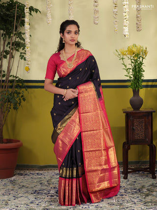 Navy blue-Pink Pure kanchipuram silk saree with zari woven buttas & long zari woven border
