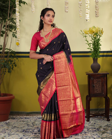 Navy blue-Pink Pure kanchipuram silk saree with zari woven buttas & long zari woven border
