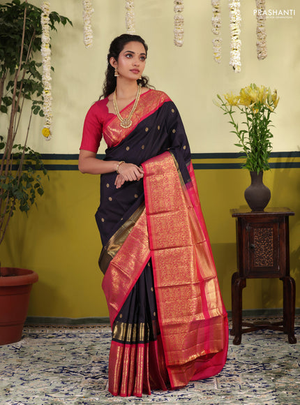 Navy blue-Pink Pure kanchipuram silk saree with zari woven buttas & long zari woven border
