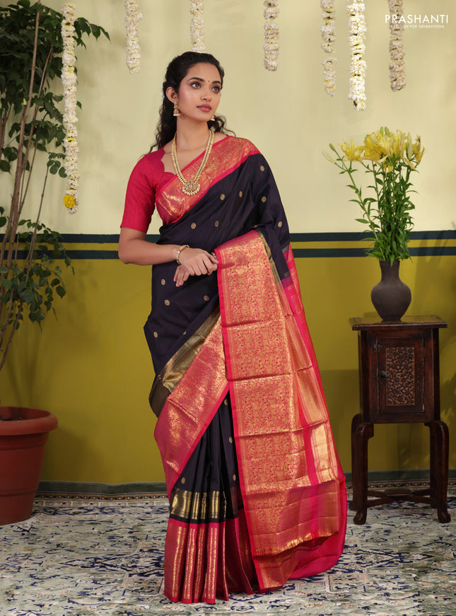 Navy blue-Pink Pure kanchipuram silk saree with zari woven buttas & long zari woven border