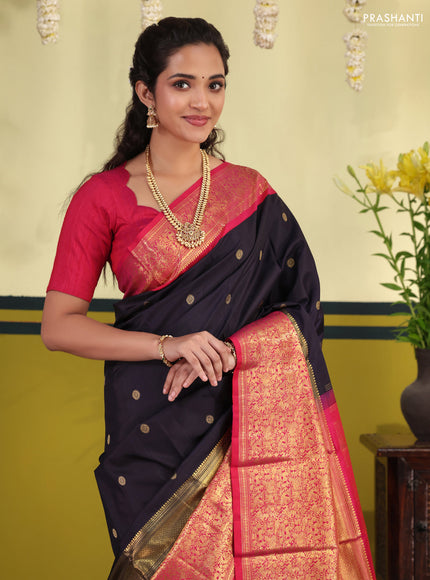Navy blue-Pink Pure kanchipuram silk saree with zari woven buttas & long zari woven border
