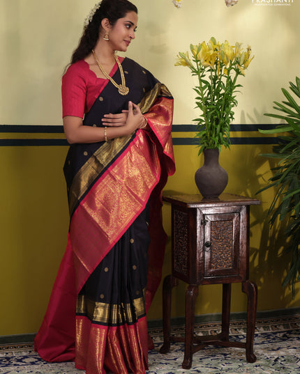 Navy blue-Pink Pure kanchipuram silk saree with zari woven buttas & long zari woven border