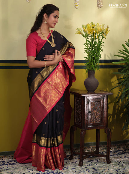 Navy blue-Pink Pure kanchipuram silk saree with zari woven buttas & long zari woven border