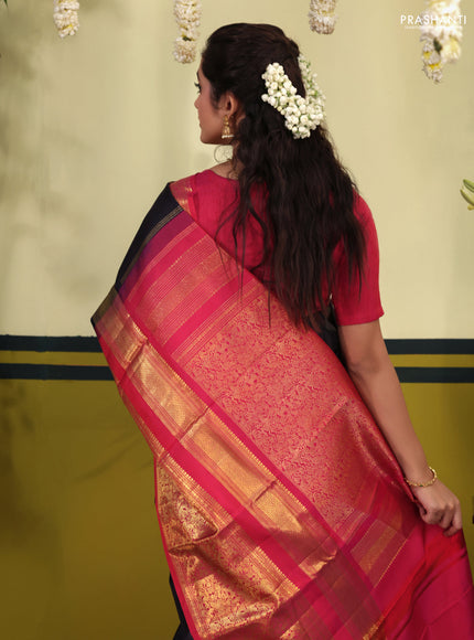 Navy blue-Pink Pure kanchipuram silk saree with zari woven buttas & long zari woven border