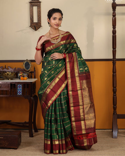 Green-Maroon Pure kanchipuram Silk Saree With Allover zari checks & buttas and rettapet zari woven border