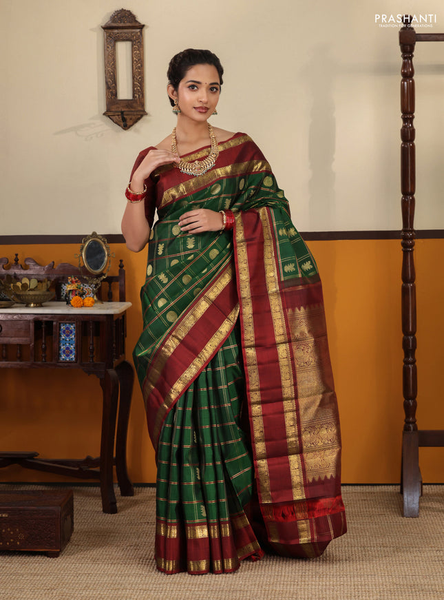 Green-Maroon Pure kanchipuram Silk Saree With Allover zari checks & buttas and rettapet zari woven border