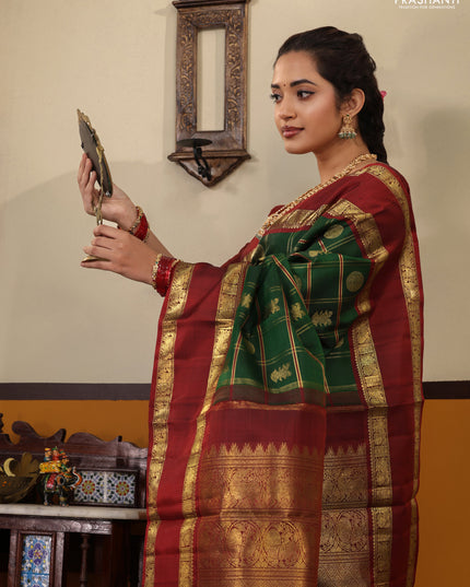 Green-Maroon Pure kanchipuram Silk Saree With Allover zari checks & buttas and rettapet zari woven border