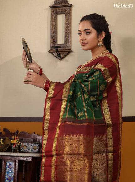 Green-Maroon Pure kanchipuram Silk Saree With Allover zari checks & buttas and rettapet zari woven border