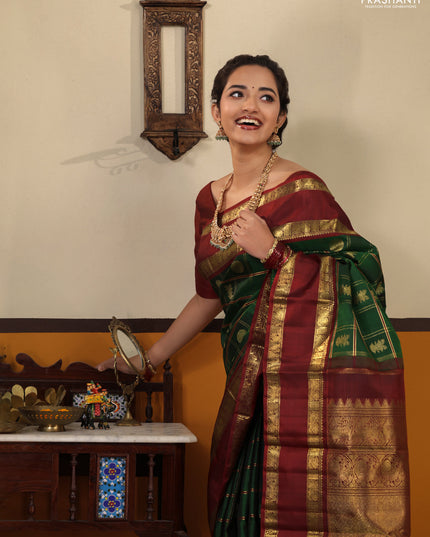 Green-Maroon Pure kanchipuram Silk Saree With Allover zari checks & buttas and rettapet zari woven border